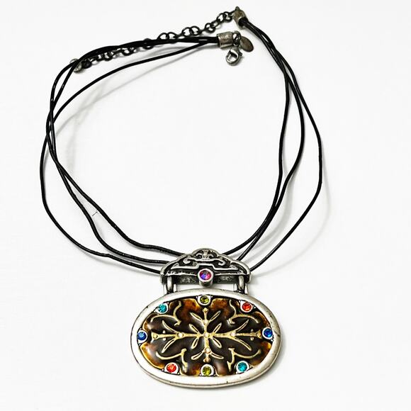 Chico’s Vintage Enamel & Crystal Pendant Necklace - Picture 2 of 8